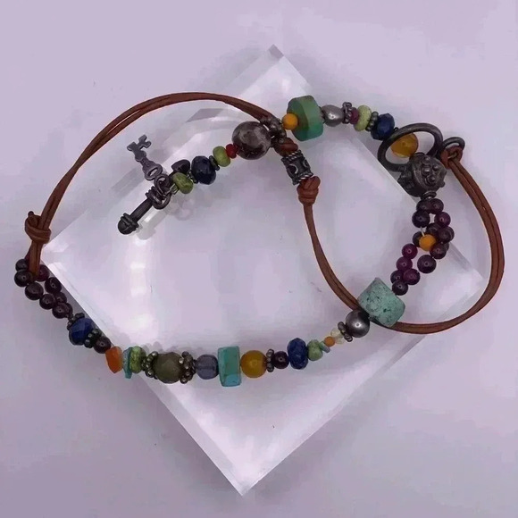 Bohemian Around the World .925 Leather Precious Stone Necklace - Picture 3 of 11